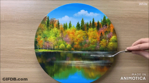 A Painting Of A Lake With Trees In The Background Is Made In Animatica GIF
