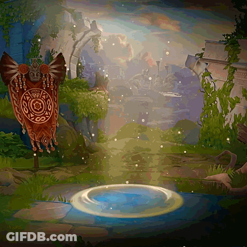 A Painting Of A Landscape With A Banner With A Circle On It GIF