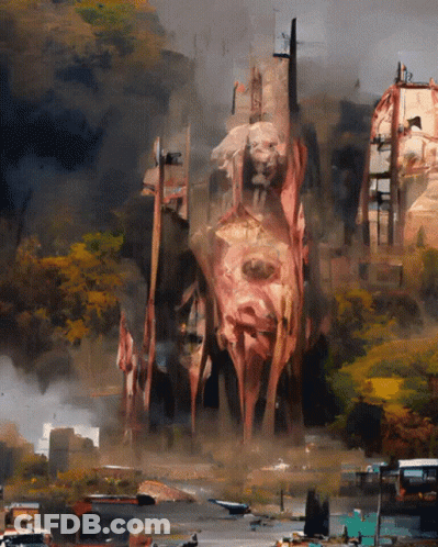 A Painting Of A Landscape With A Statue In The Middle GIF