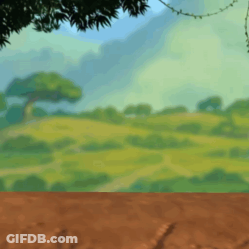 A Painting Of A Landscape With Trees And Grass In The Background GIF