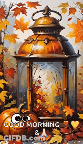 A Painting Of A Lantern Surrounded By Autumn Leaves And Pumpkins With Googly Eyes . GIF
