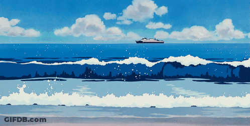 Painting Of Water With Ship In Distance GIF