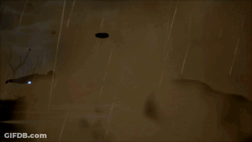 A Painting Of A Large Explosion In A Cave Overlooking A Body Of Water GIF