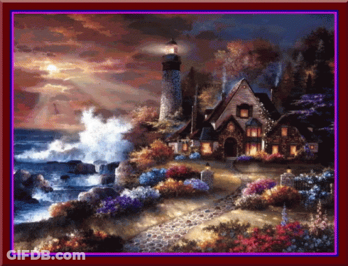 A Painting Of A Lighthouse And A House On The Coast GIF