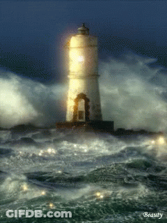 A Painting Of A Lighthouse In The Middle Of The Ocean Has The Word Beauty On The Bottom Right GIF