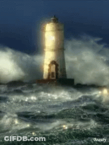 A Painting Of A Lighthouse In The Middle Of The Ocean GIF