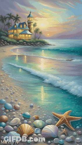 A Painting Of A Lighthouse On A Beach With Seashells And Starfish GIF