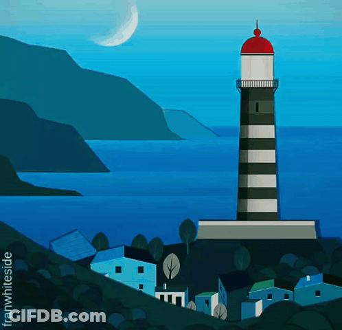 A Painting Of A Lighthouse With The Name Franwhites On The Bottom Right GIF