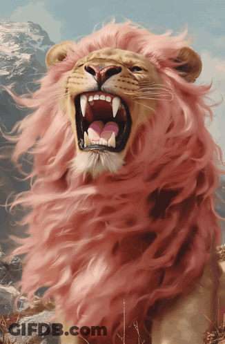 A Painting Of A Lion With Pink Hair And Its Mouth Open GIF