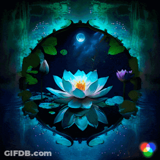 A Painting Of A Lotus Flower In A Pond With A Full Moon In The Background GIF
