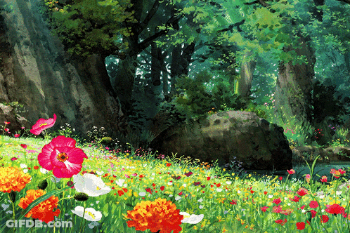 A Painting Of A Lush Green Forest With Flowers And Trees GIF