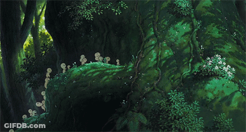 A Painting Of A Lush Green Forest With Mushrooms GIF