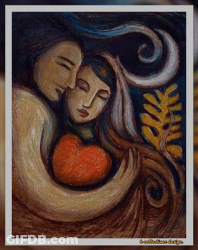 A Painting Of A Man And A Woman Holding A Heart With A Collection Design Written On The Bottom GIF