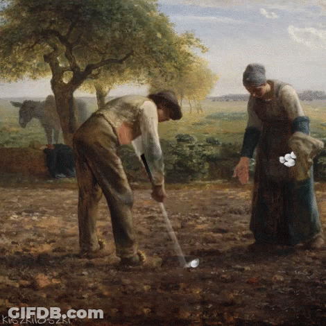 A Painting Of A Man And A Woman In A Field With The Name Kiszkiloszki On The Bottom Right GIF