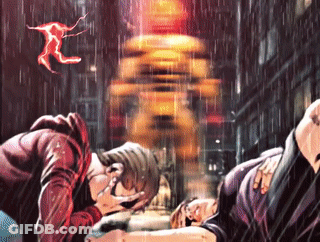 A Painting Of A Man And A Woman Laying In The Rain With A Yellow Building In The Background GIF