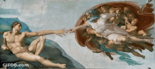 A Painting Of A Man And A Woman Reaching Out To Each Other GIF
