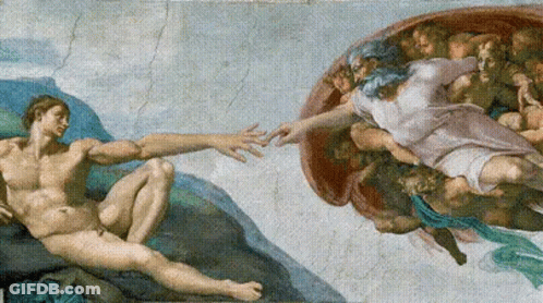 A Painting Of A Man And A Woman Reaching Out To Each Other GIF