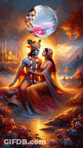 A Painting Of A Man And A Woman Sitting Next To Each Other In Front Of A Body Of Water GIF