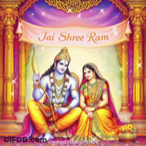 A Painting Of A Man And A Woman Sitting Under A Banner That Says Jai Shree Ram . GIF