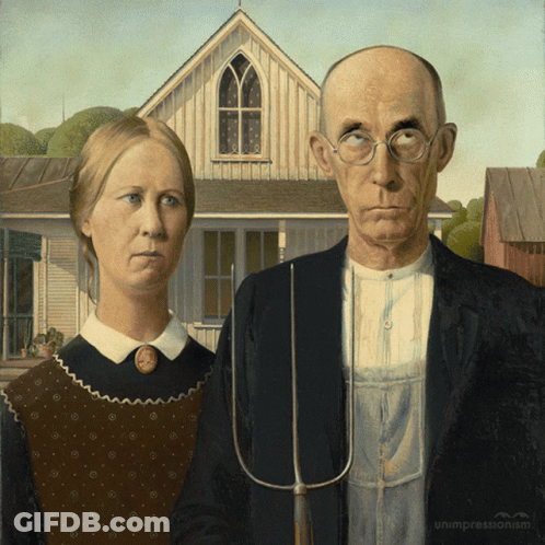 A Painting Of A Man And A Woman Standing Next To Each Other With A Fork In Front Of A House GIF