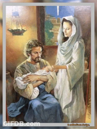 A Painting Of A Man And Woman Holding A Baby With A Watermark That Says B-Collection-Design GIF