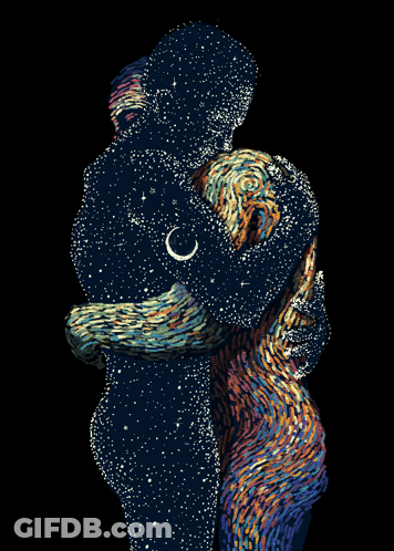 A Painting Of A Man And Woman Hugging Each Other With A Crescent Moon In The Background GIF