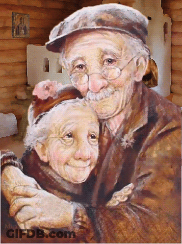 A Painting Of A Man And Woman Hugging Each Other With The Name Mira On The Bottom GIF