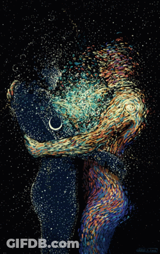A Painting Of A Man And Woman Hugging With A Crescent Moon GIF
