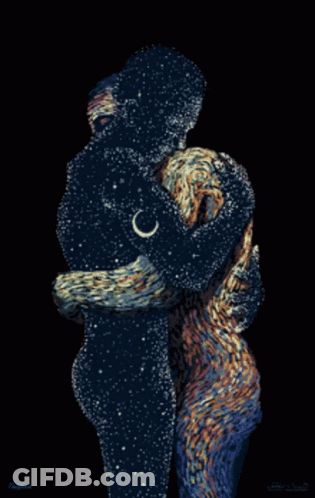 A Painting Of A Man And Woman Hugging With A Crescent Moon Behind Them GIF