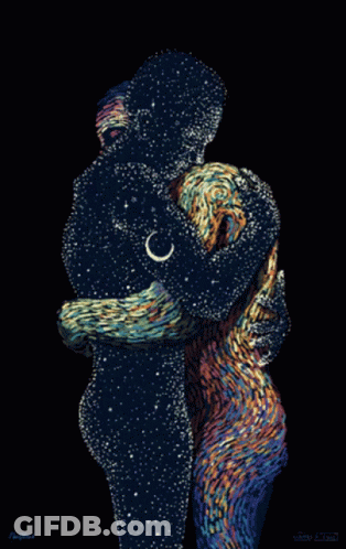 A Painting Of A Man And Woman Hugging With A Crescent Moon In The Middle GIF
