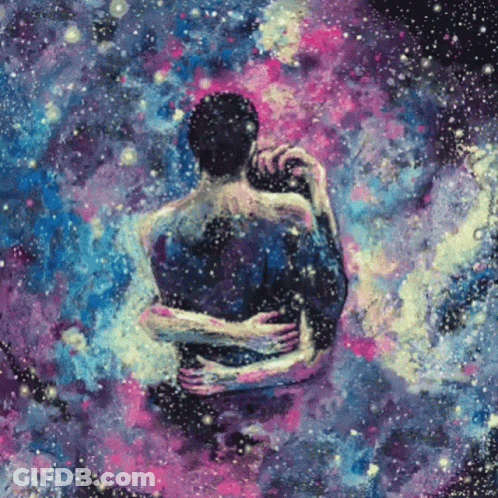 A Painting Of A Man And Woman Hugging With A Galaxy Background GIF