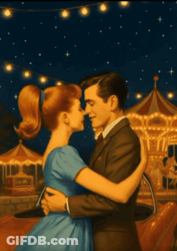 A Painting Of A Man And Woman Kissing In Front Of A Carousel GIF