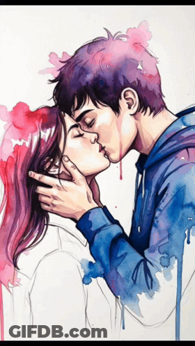 A Painting Of A Man And Woman Kissing With Blood Dripping From Their Faces GIF