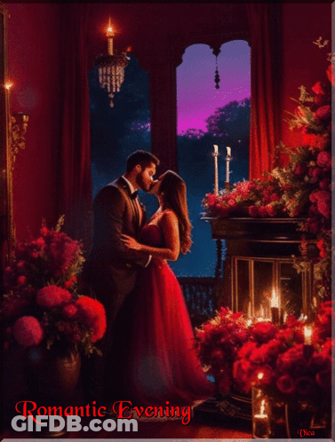 A Painting Of A Man And Woman Kissing With The Words Romantic Evening On The Bottom GIF