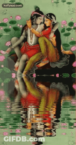 A Painting Of A Man And Woman Sitting Next To Each Other In A Pond . GIF