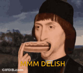 A Painting Of A Man Eating A Hot Dog With The Words " Mmmm Delish " Above Him GIF