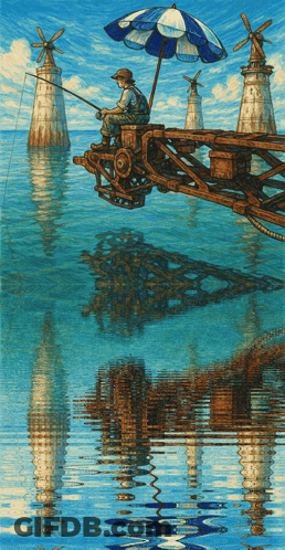 A Painting Of A Man Fishing In The Water GIF