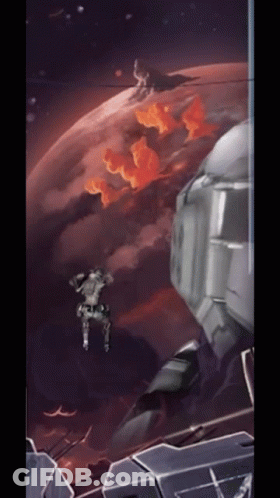 A Painting Of A Man Flying Through The Air In Front Of A Planet GIF