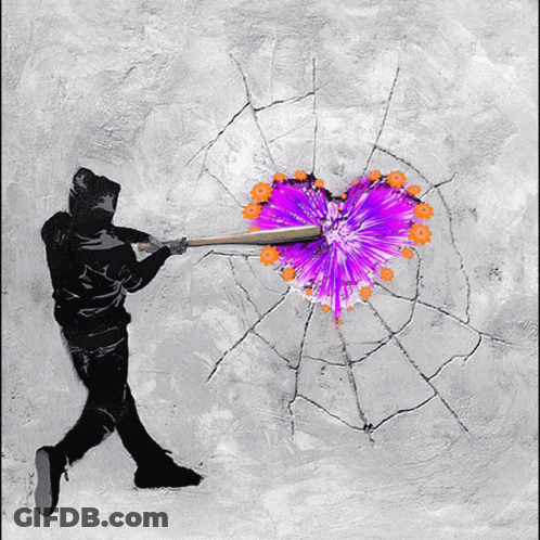 A Painting Of A Man Hitting A Purple Heart With A Baseball Bat GIF