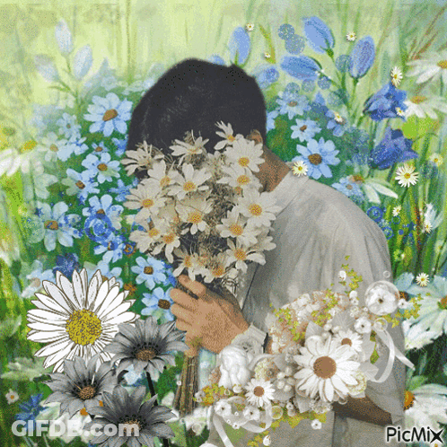 A Painting Of A Man Holding A Bouquet Of Daisies And Blue Flowers With The Caption Picmix GIF