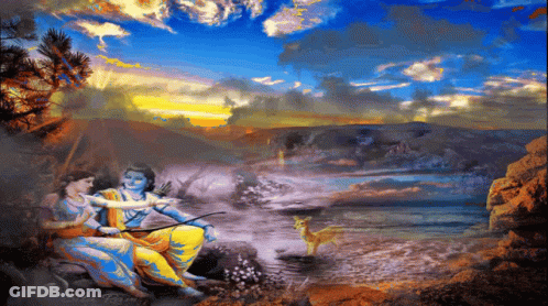A Painting Of A Man Holding A Bow And Arrow And A Woman Sitting Next To Him GIF