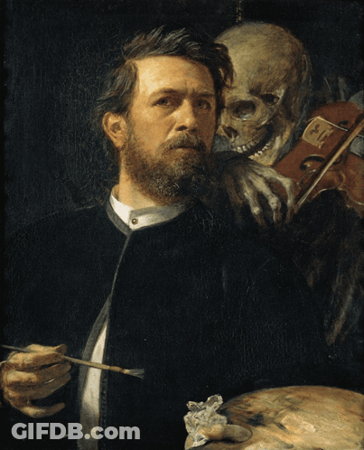 A Painting Of A Man Holding A Brush With A Skeleton Behind Him GIF