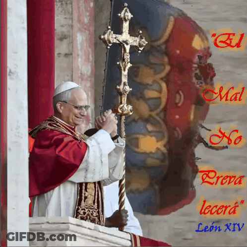 A Painting Of A Man Holding A Cross With The Words Mal No Prova Lecera Leon Xiv On The Bottom GIF