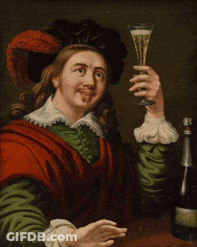 A Painting Of A Man Holding A Glass Of Champagne Next To A Bottle GIF