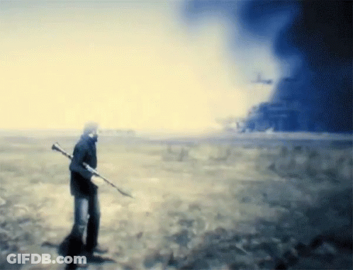 A Painting Of A Man Holding A Gun In A Field With A Building In The Background GIF