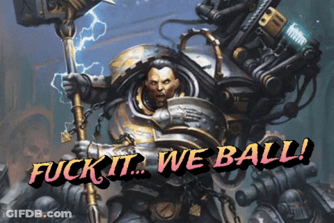 A Painting Of A Man Holding A Hammer With The Words " Fuck It We Ball ! " Below Him GIF