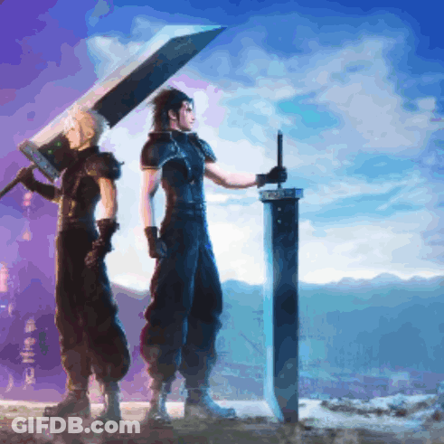A Painting Of A Man Holding A Large Sword And Another Man Holding A Smaller Sword GIF