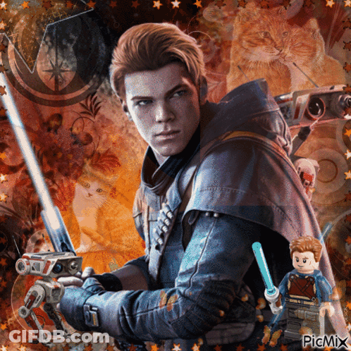 A Painting Of A Man Holding A Lightsaber With The Words Picmix At The Top GIF