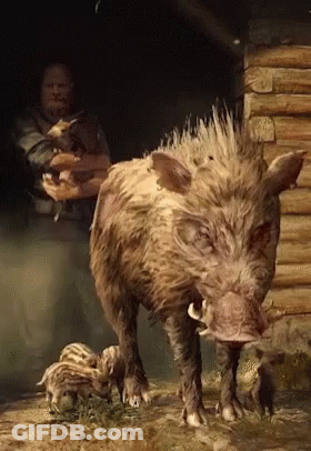 A Painting Of A Man Holding A Pig Standing Next To A Boar GIF