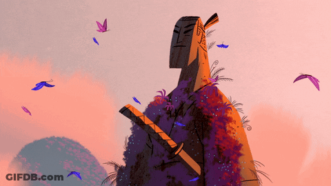 A Painting Of A Man Holding A Sword In Front Of A Pink Background GIF